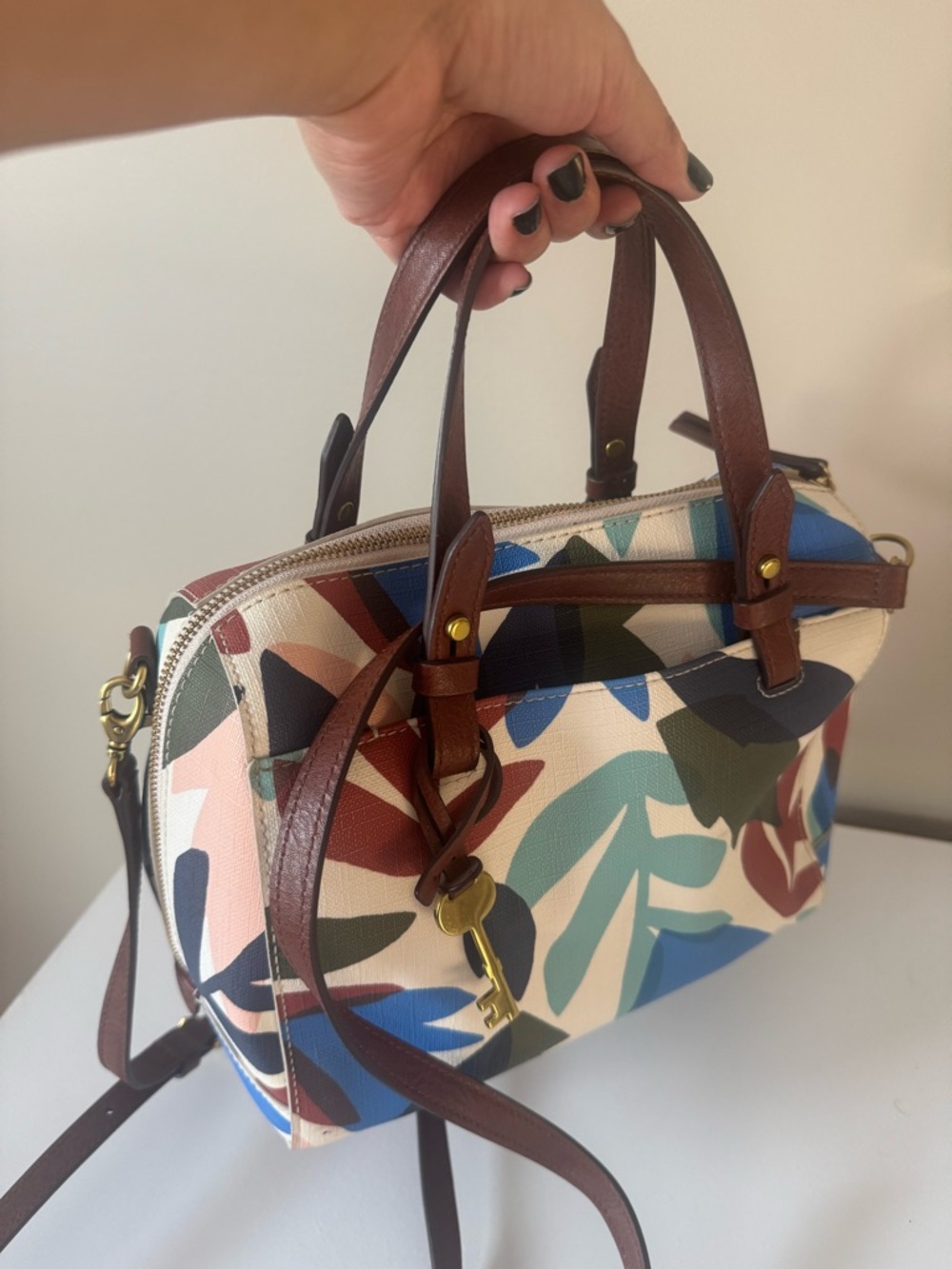 Fossil - Multicolor Leaf-Print Dome Satchel Bag - Brown Trim - Picture 6 of 6